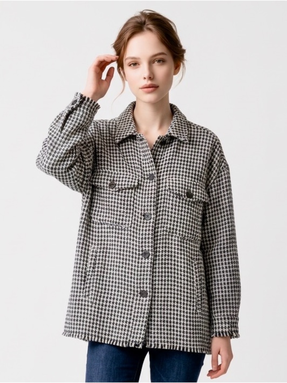 ZARA Black & White & Blue Houndstooth Textured Tweed Overshirt/Shacket ~ Small